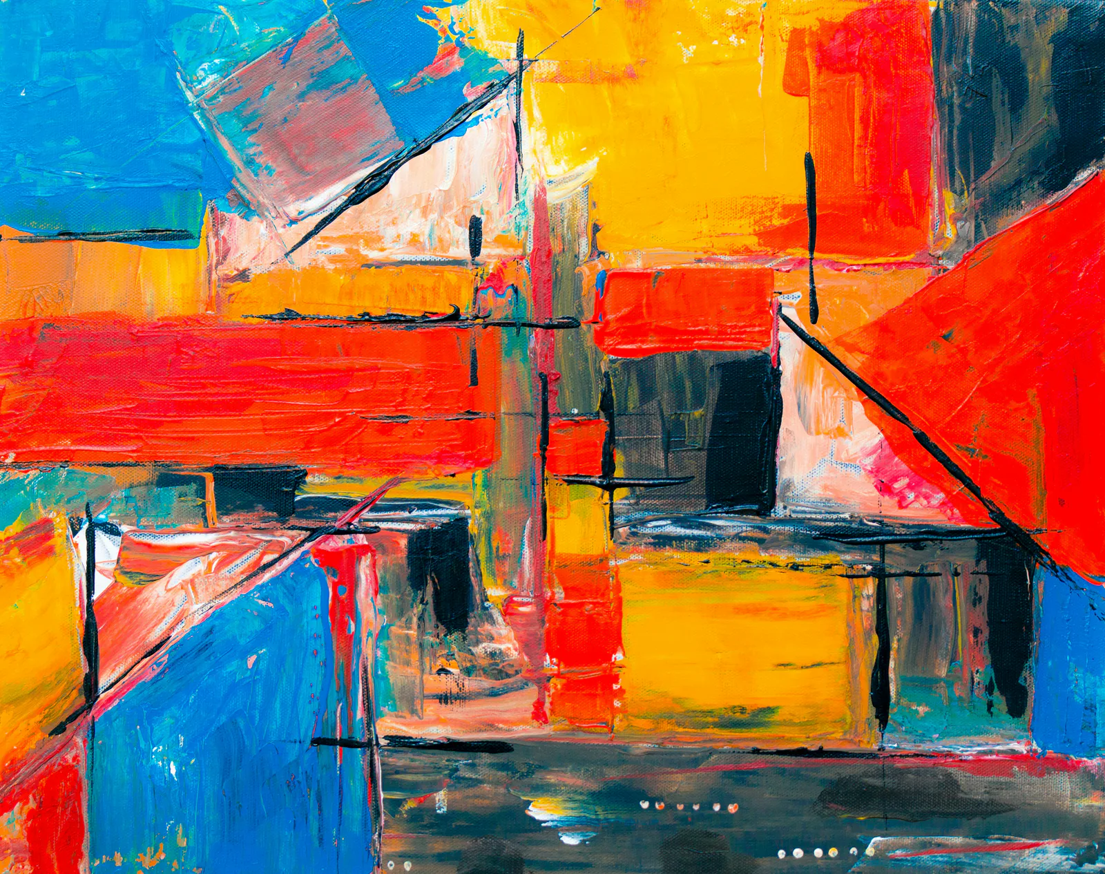 Geometric blue, orange, and red paint texture